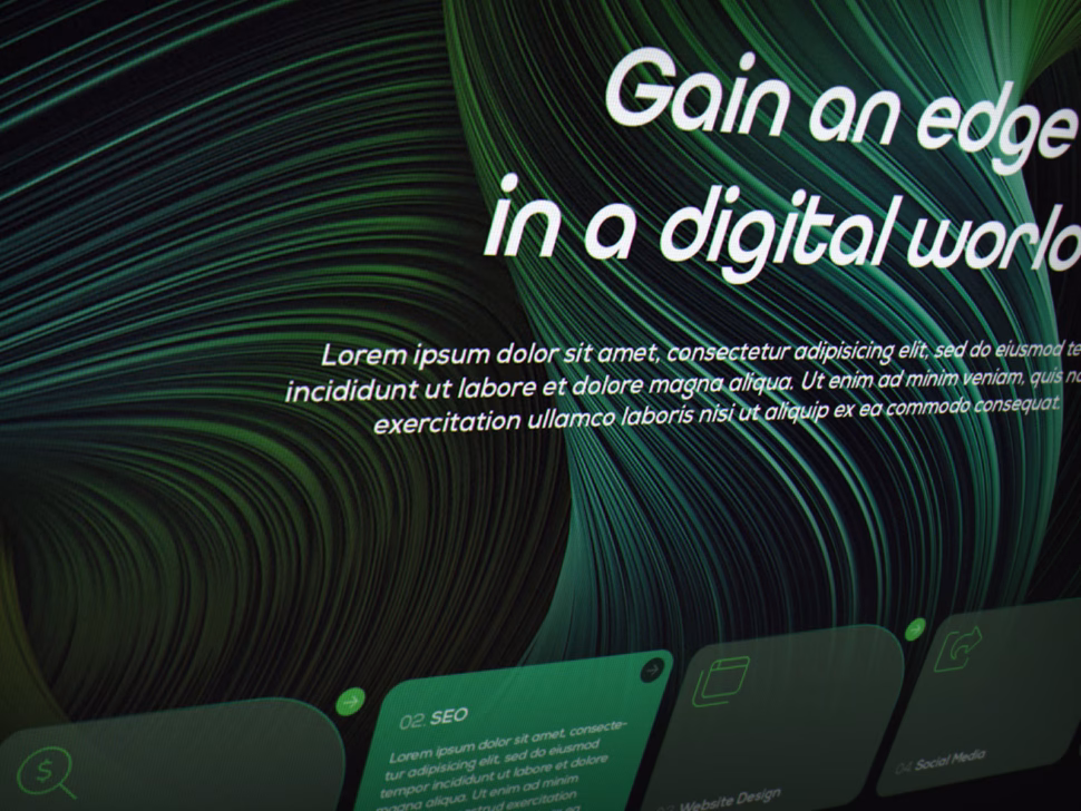 Abstract green swirling lines with the slogan 'Gain an edge in a digital world' and lorem ipsum placeholder text.