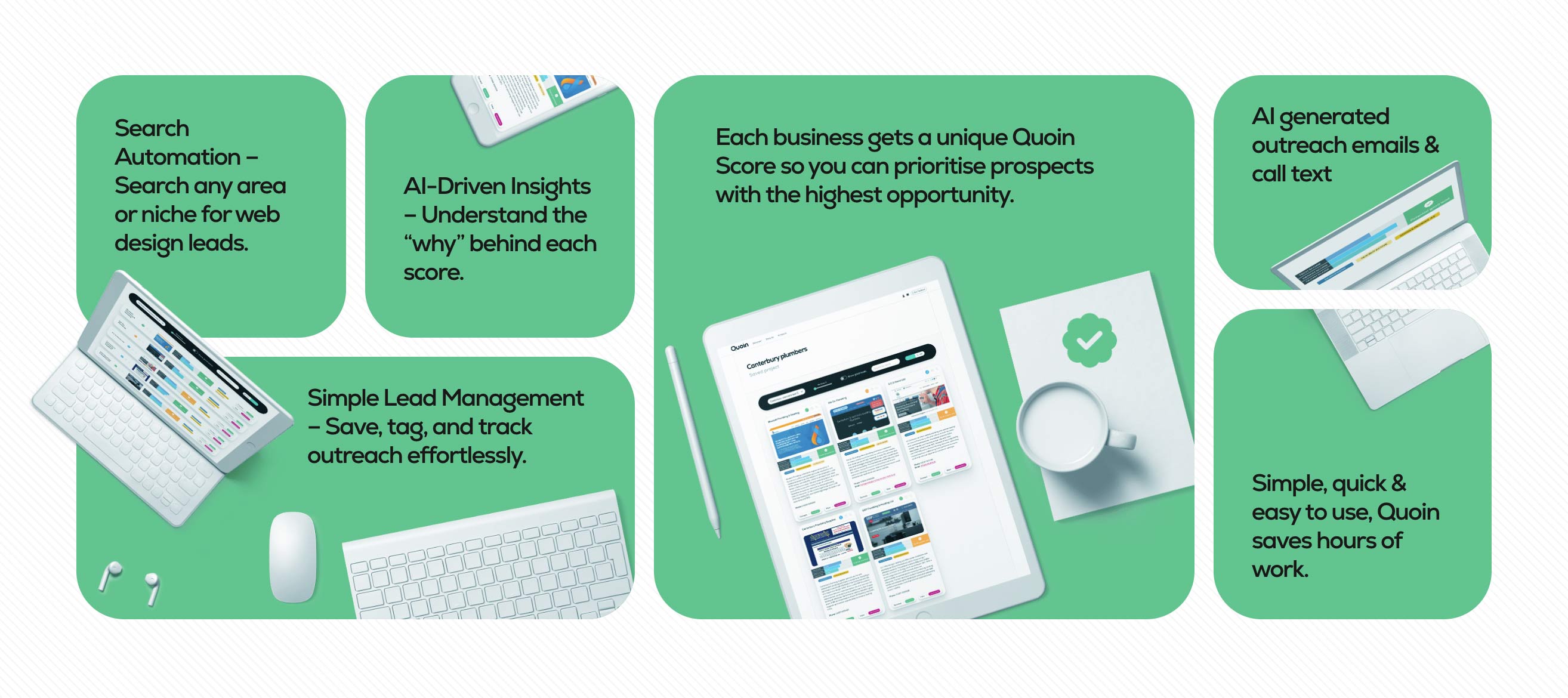 Collage of green rounded panels listing product features: 'Search Automation', 'AI-Driven Insights', 'Each business gets a unique Quoin Score', 'Simple Lead Management', and 'AI generated outreach emails & call text', with images of a keyboard, tablet, and laptop in the background.